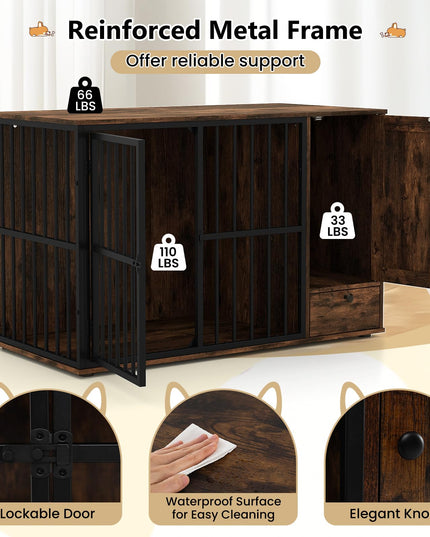 Meuble cage pour chien Giantex 47,5" avec tiroir d'alimentation dissimulé et meuble de rangement latéral