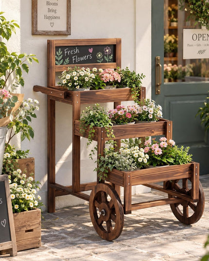 GIANTEX 3-Tier Wooden Plant Stand with Chalkboard & Wheels