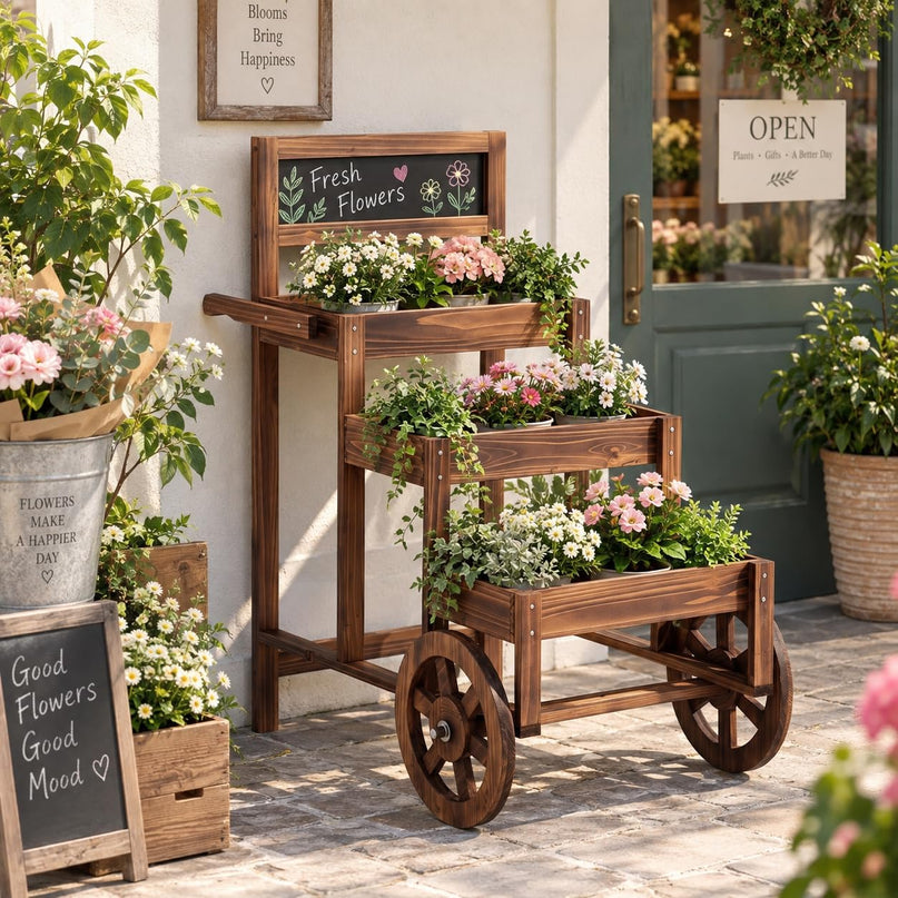 GIANTEX 3-Tier Wooden Plant Stand with Chalkboard & Wheels