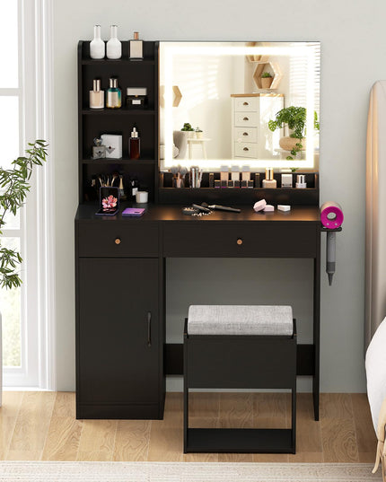 CHARMAID Vanity Desk with Mirror and Lights, Makeup Vanity Desk with Drawers, Shelves, Side Cabinet