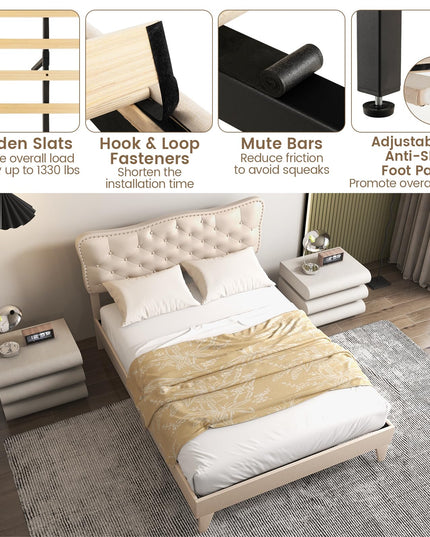 Giantex Full Size Bed Frame Beige, Linen Fabric Upholstered Platform Bed Frame with Nail Headboard