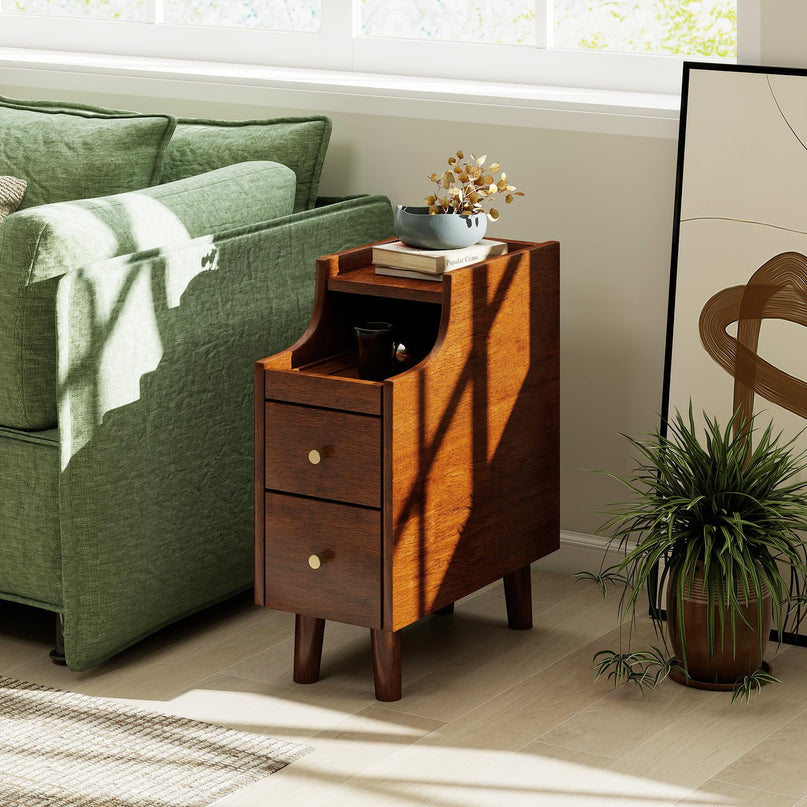 Giantex Narrow Nightstand with 2 Drawers & Pull-Out Tray for Small Spaces