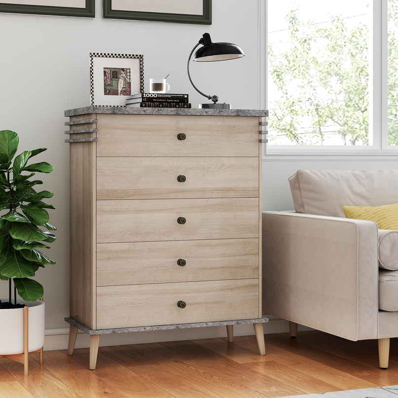 Giantex 5-Drawer Storage Cabinet with Rubber Wood Legs and Anti-Tipping Kit