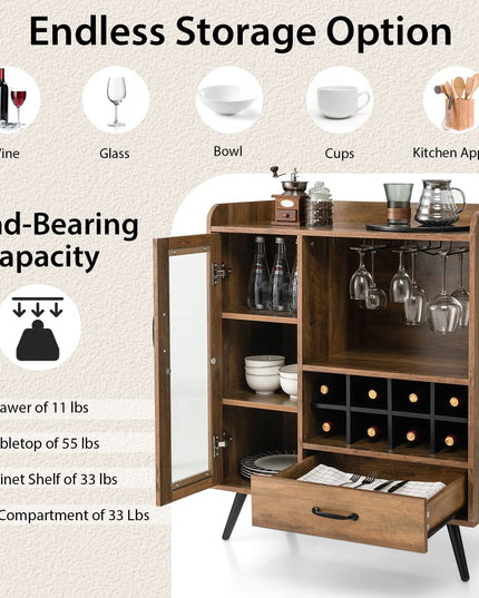 Giantex Buffet Sideboard with Drawer, Wine Cabinet for 8 Bottles, Glass Holder, 3 Tier Cupboard Tempered Glass Door (Rustic Brown & Black)