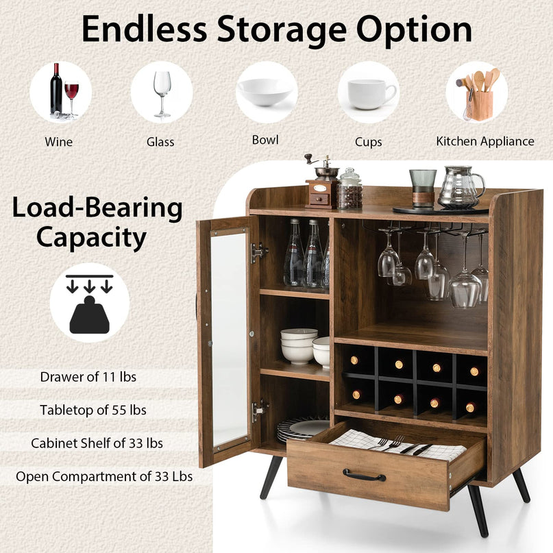 Giantex Buffet Sideboard with Drawer, Wine Cabinet for 8 Bottles, Glass Holder, 3 Tier Cupboard Tempered Glass Door (Rustic Brown & Black)