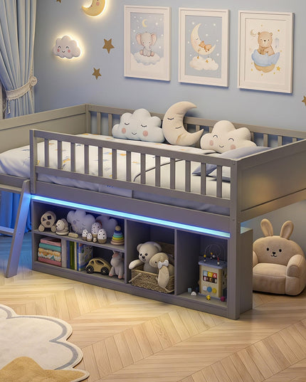 GIANTEX Low Loft Bed Twin Size with LED Lights