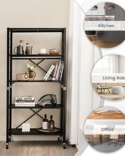 Giantex 5-Tier Folding Bookshelf with Wheels of 1/2, 60" Tall Foldable Metal Shelves for Storage