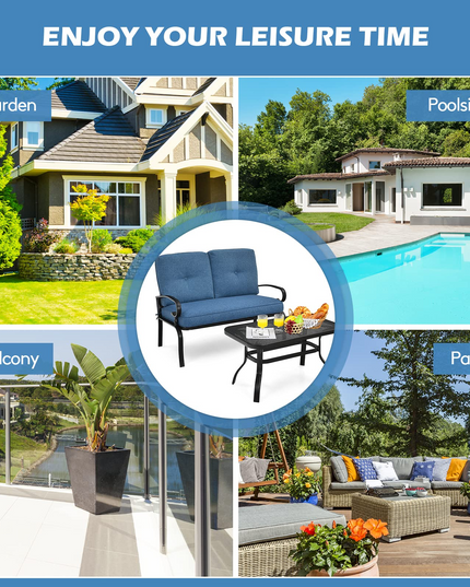 Giantex 2 Pcs Patio Loveseat with Coffee Table Outdoor Bench with Cushion and Metal Frame