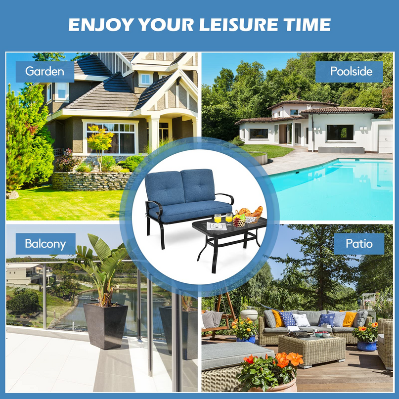 Giantex 2 Pcs Patio Loveseat with Coffee Table Outdoor Bench with Cushion and Metal Frame