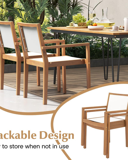 Giantex Stackable Outdoor Dining Chair Set, Patio Armchairs w/Acacia Wood Frame, All Weather Fabric, Armrests