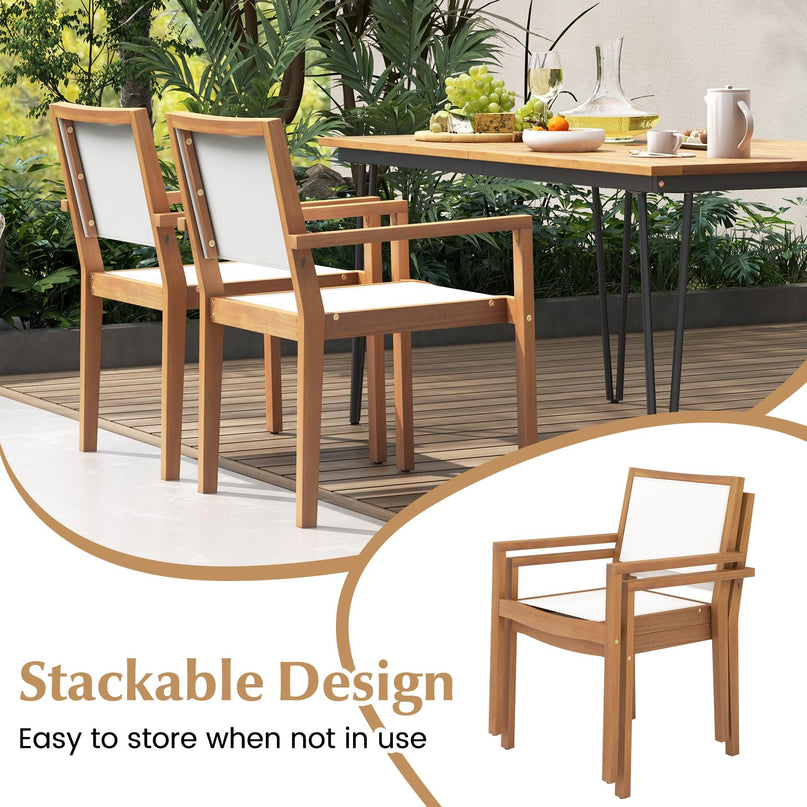 Giantex Stackable Outdoor Dining Chair Set, Patio Armchairs w/Acacia Wood Frame, All Weather Fabric, Armrests