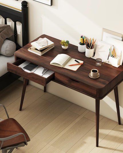 Giantex Mid-Century Desk with 2 Drawers, 43.5" Writing Study Desk with Solid Rubber Wood Legs