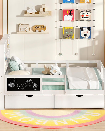 Giantex 2 Storage Drawers, Solid Wood Kids Bed Frame w/Bookcase Headboard & Blackboard