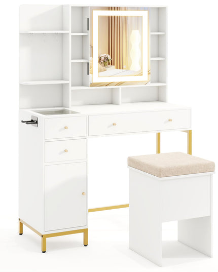 CHARMAID Vanity Desk with Mirror and Lights, White Makeup Vanity Table with Transparent Glass Tabletop