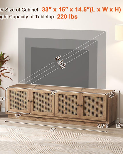 Giantex Farmhouse TV Stand for TVs up to 75”, 4-Door PE Rattan Entertainment Center