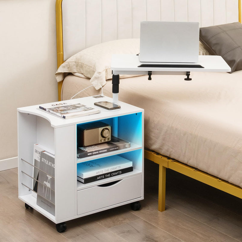 Nightstand with Charging Station and LED Lights - Giantex