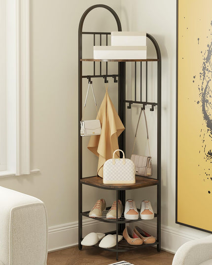 Giantex Corner Hall Tree, 71" Corner Coat Rack w/Shoe Storage Bench, 6 Removable Hooks, 4-Tier Entryway Shoes Shelf Organizer
