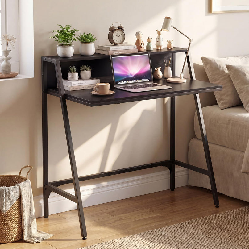 Giantex 31.5" Small Industrial Writing Desk with Raised Storage Shelf & Heavy-Duty Metal Frame