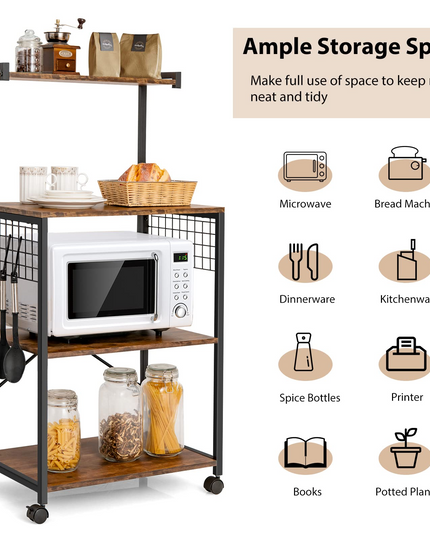 Giantex Kitchen Baker Rack on Wheels, Industrial Utility Storage Shelf, with 3 Hooks (Rustic Brown)