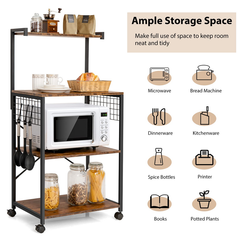 Giantex Kitchen Baker Rack on Wheels, Industrial Utility Storage Shelf, with 3 Hooks (Rustic Brown)