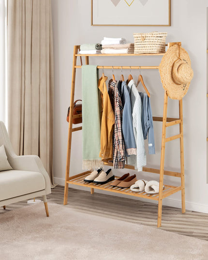 Giantex 3 Tier Bamboo Clothing Rack with Shelves, Heavy Duty Freestanding Clothes Organizer Rack with Coat Hooks
