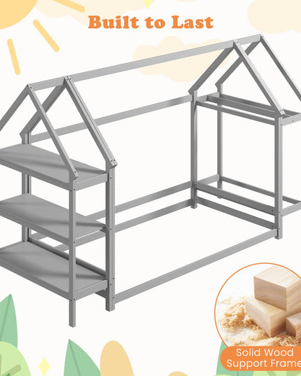 Giantex Twin Floor Bed, Wood Montessori Floor Bed with Detachable 3 Tier Storage Bookshelf & Clothes Rack