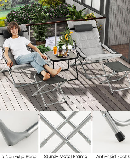 Giantex 5-Piece Patio Bistro Set, Folding Lounge Chairs with Footrest Stool & Side Table, Removable Cushion