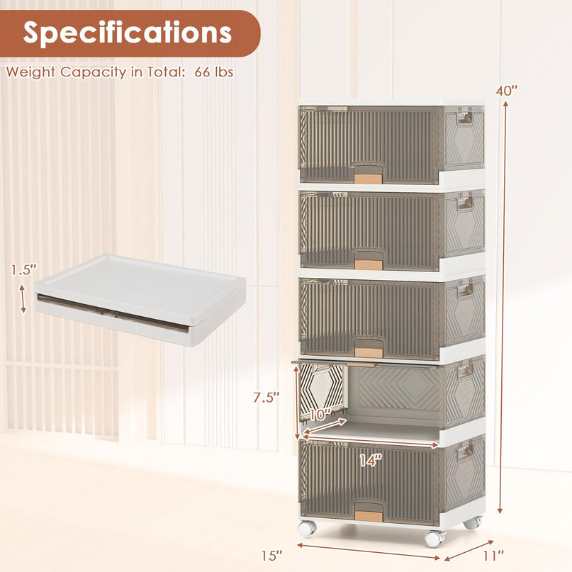 Giantex 5 Tier Stackable Storage Bins with Lids with Detachable Wheels & Flip-Up Doors