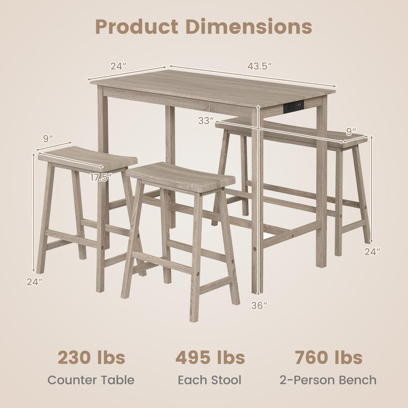 Ensemble de table à manger Giantex 4 pièces hauteur comptoir avec prise électrique