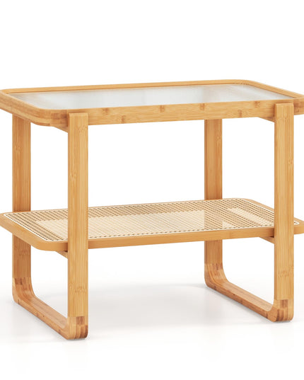 Giantex Rattan Side Table, Boho End Table with Glass Top and 2-Tier Storage Shelves