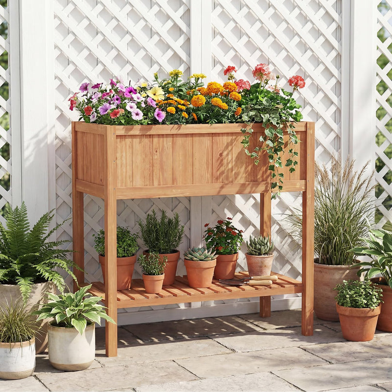 Giantex Raised Garden Bed Wood Planter Box with Plant Stand & Black Liner（40"x20"x39"）