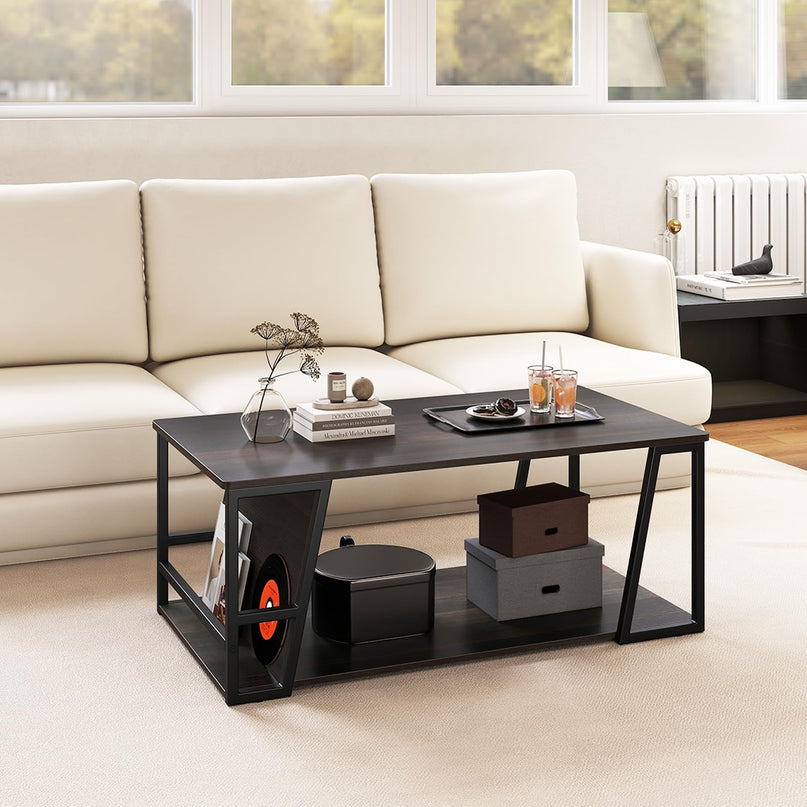 Giantex Modern 2-Tier Rustic Wood Rectangular Geometric Coffee Table with Storage