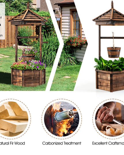 Giantex Rustic Wooden Wishing Well Planter with Hanging Bucket, Roof Shadow