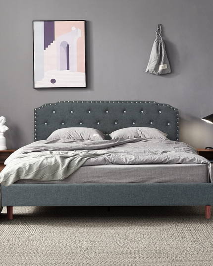 Upholstered Bed Frame w/ Adjustable Headboard, Crystal Tufted Soft Platform Bed Frame w/ Wooden Slats
