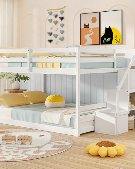 Giantex Bunk Bed with Stairs, Solid Wood Floor Bunk Bed with Storage Staircase & Full-Length Guardrails