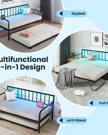 Giantex Twin Daybed with Trundle, Metal Day Bed with Charging Station & LED Lights