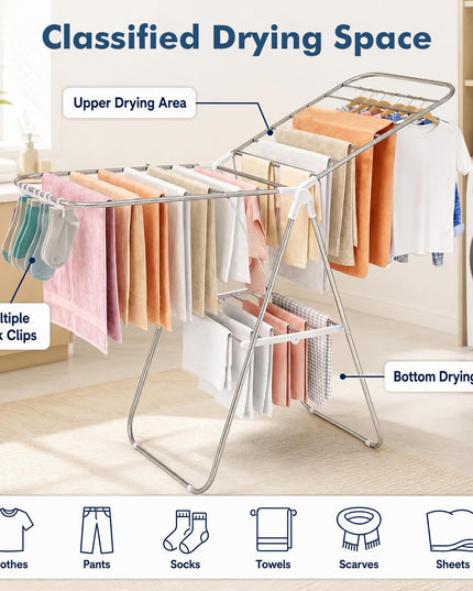 GIANTEX 60" L 2-Tier Stainless Foldable Clothes Drying Rack with Sock Clips