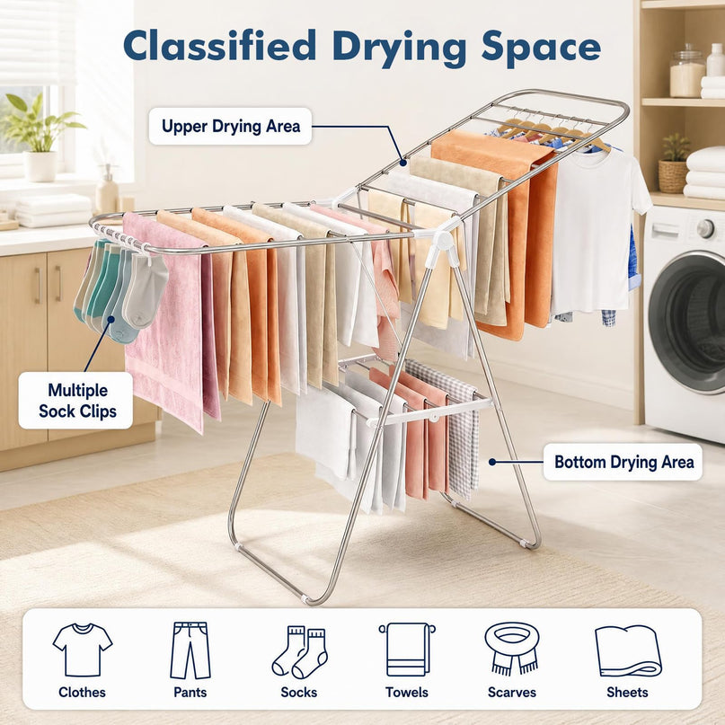 GIANTEX 60" L 2-Tier Stainless Foldable Clothes Drying Rack with Sock Clips