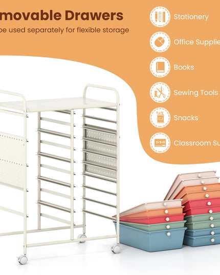 Giantex 15 Drawer Rolling Storage Cart with Metal Tabletop & Pegboard