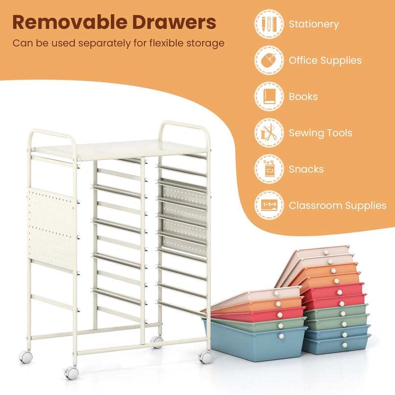 Giantex 15 Drawer Rolling Storage Cart with Metal Tabletop & Pegboard