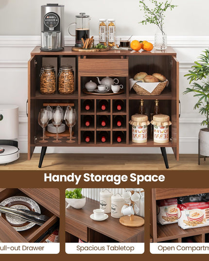 Giantex Bar Cabinet with Storage, Farmhouse Wood Buffet Sideboard, 9-Bottle Wine Rack, Drawer
