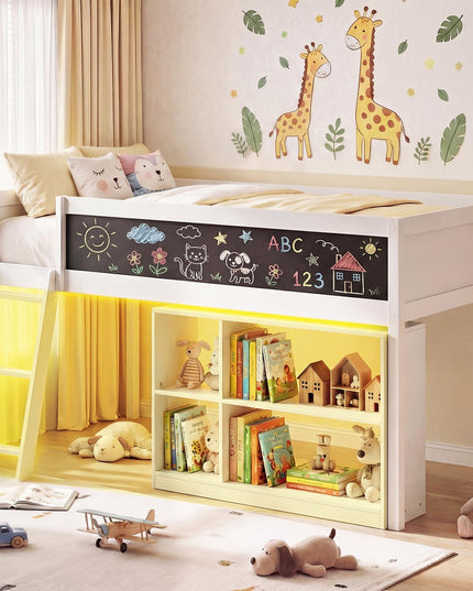 Lit mezzanine bas Giantex pour lit jumeau avec lumières LED, bibliothèque amovible et espace de rangement sous le lit