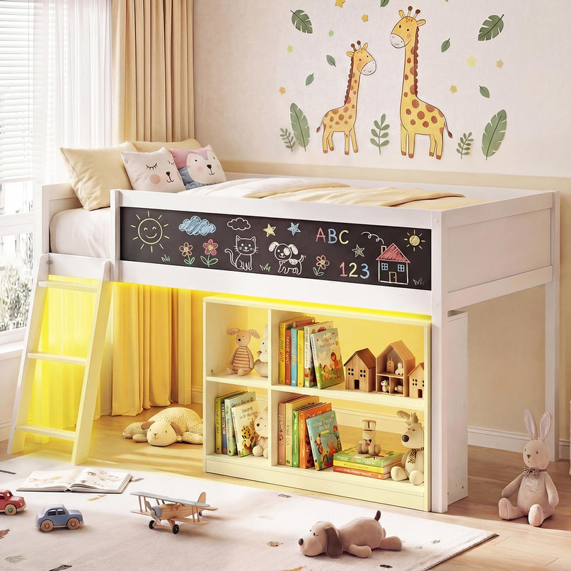 Lit mezzanine bas Giantex pour lit jumeau avec lumières LED, bibliothèque amovible et espace de rangement sous le lit