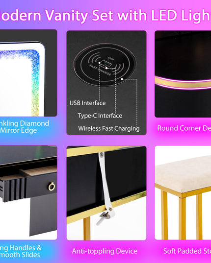 CHARMAID RBG LED Makeup Vanity Table, Colorful Lighted Mirror, 7 Dynamic & 7 Static Modes, 3-Drawer Chest