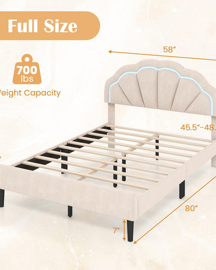 Giantex Full Size LED Bed Frame, Velvet Upholstered Full Platform Bed with Adjustable Cloud Headboard