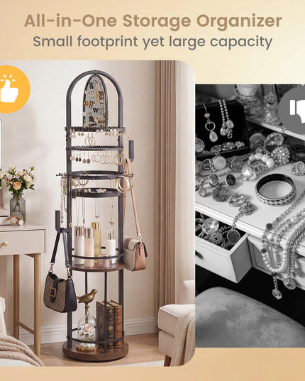 CHARMAID Meuble Organisateur de Bijoux sur Pied Rotatif à 360° avec Panneau Perforé