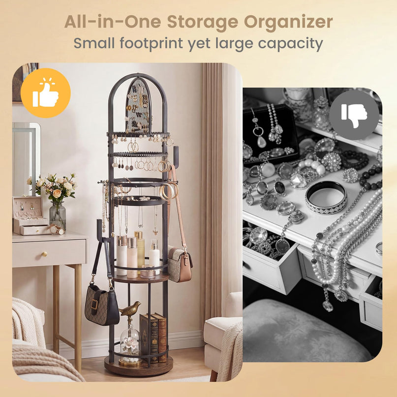 CHARMAID 360° Rotating Floor Standing Jewelry Organizer with Pegboard