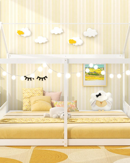 Giantex Double Twin Floor Beds for 2 Kids, Wood Twin Size House Beds with Safety Guardrails, White