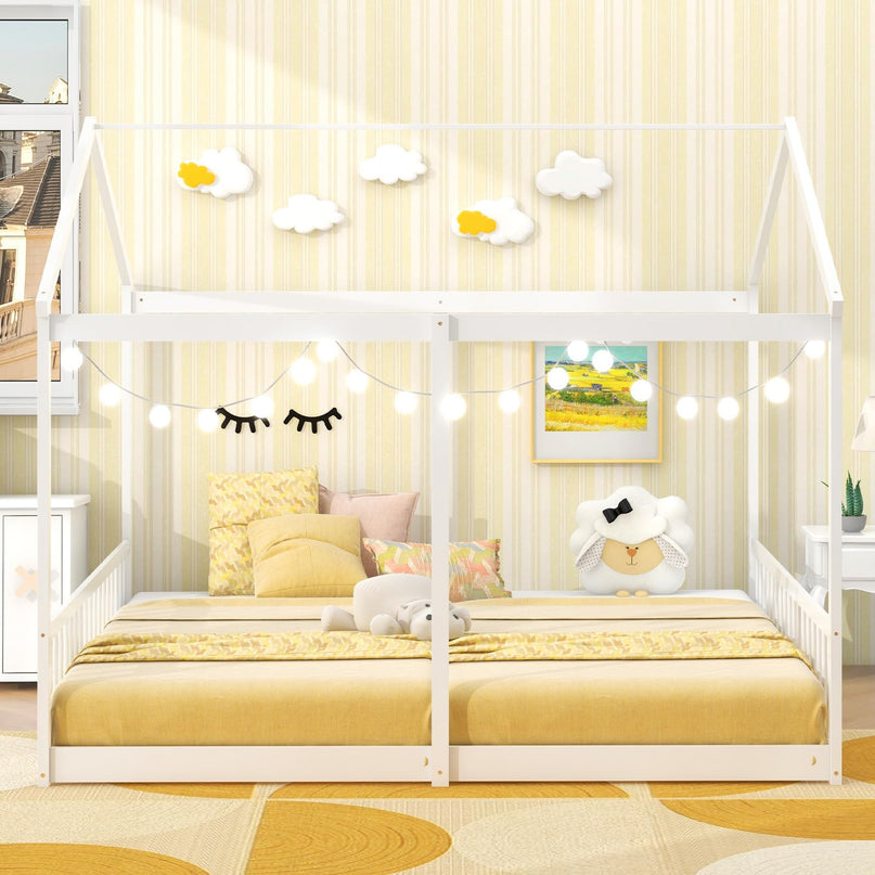 Giantex Double Twin Floor Beds for 2 Kids, Wood Twin Size House Beds with Safety Guardrails, White