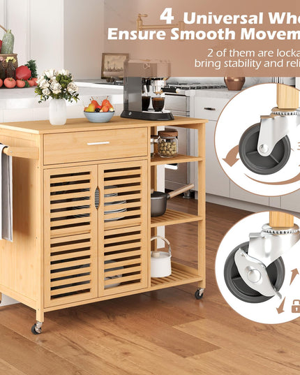 Giantex Bamboo Kitchen Island Cart with Drawer and Storage Cabinet